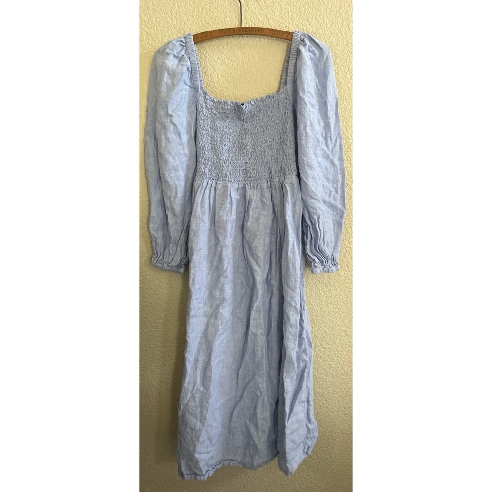 J Crew Blue Linen Smocked Puff Sleeve Dress Women’s Size Small